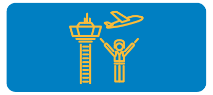 icono de la torre de control de un aeropuerto, un hombre con los brazos abiertos y un avión sobrevolando.