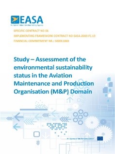 Obálka štúdie „Assessment of the environmental sustainability status in the Aviation Maintenance and Production Organisation Domain“ (Posúdenie stavu environmentálnej udržateľnosti v oblasti organizácie leteckej údržby a výroby)