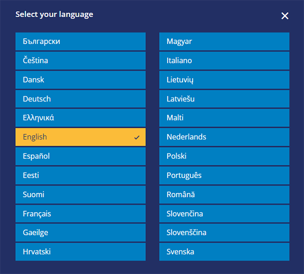 Panel zobrazujúci všetkých 24 dostupných jazykov 