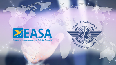 Logos of EASA and ICAO over a background showing a world map and icons of airplanes.